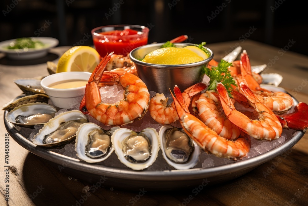 Photo of a seafood platter with oysters and shrimp. Generative AI