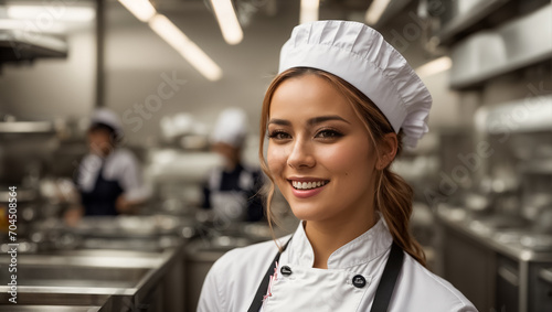 Happy woman cook in restaurant kitchen job