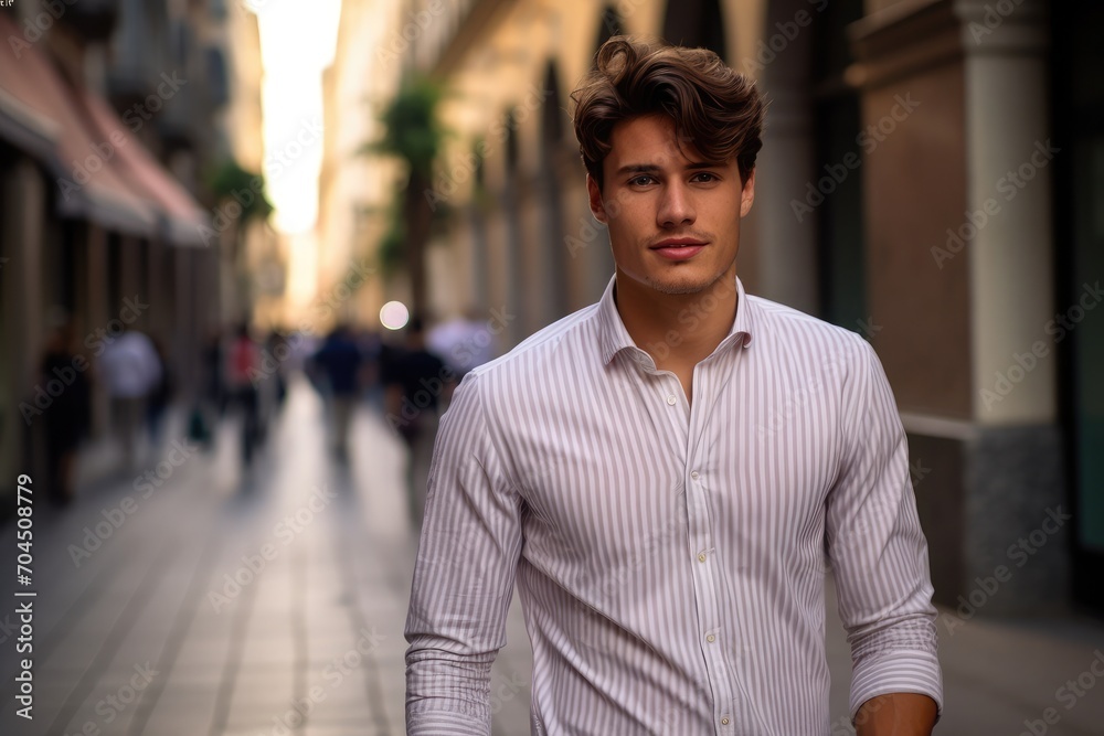 A young spanish man wearing plain white oxford button down shirt with baby pink stripes,