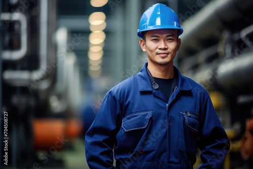 A young man walking through a chemical industry with blue work clothes, looking at camera,