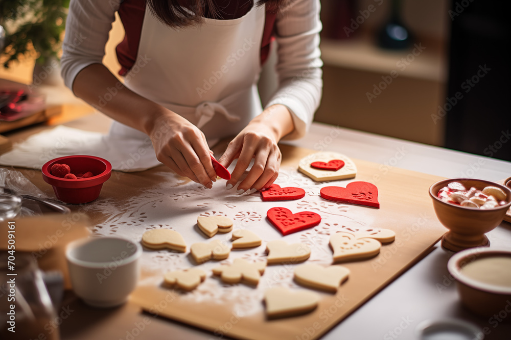 Focused woman in a white apron making heart-shaped cookies, a sweet preparation for Valentine's Day festivities
Focused woman in a white apron making heart-shaped cookies, a sweet preparation for Valentine's Day festivities