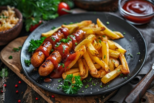 delicious sausage with french fries and curry sauce, ai generated, Generative AI