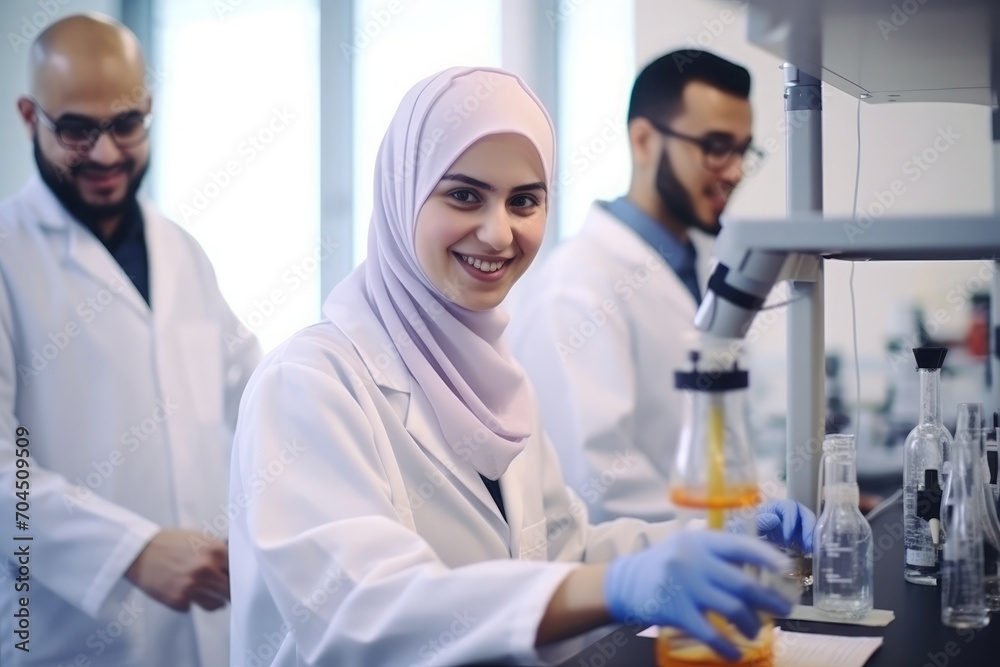 Arabic students , Science students working with chemicals in the lab at the university. Arabic students , Science students working with chemicals in the lab at the university.