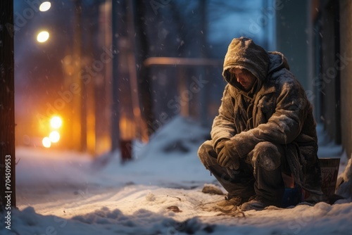 As the winter chill sets in, a homeless man sits alone on a frosty street corner, 