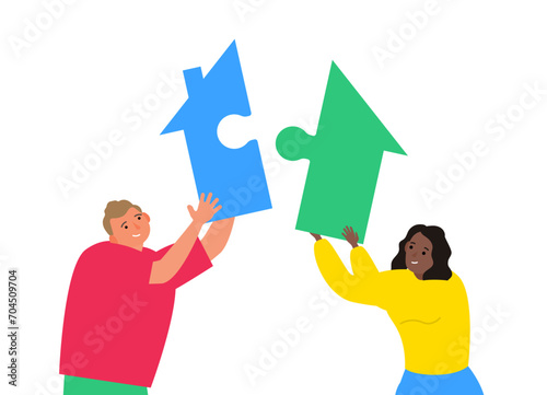 couple man and woman holding puzzle ellements of house making home together vector illustration