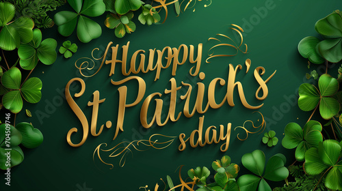 golden text proclaiming "Happy St. Patrick's Day" on a vibrant green background, surrounded by whimsical clovers, bringing a touch of fortune and luck