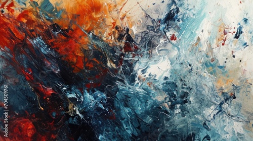 Abstract background of acrylic paint in blue, orange and red colors