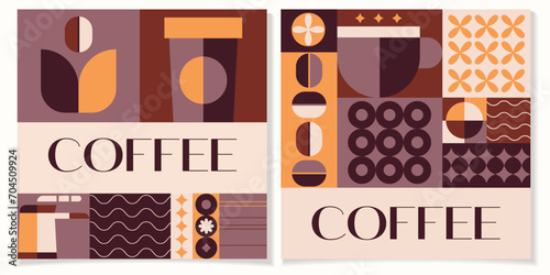 Coffee geometric posters in minimal retro style.International coffee day concept.Ideal for coffee shop,bakery,branding,decoration,cover design, decorative print, background.Vector illustration EPS 10