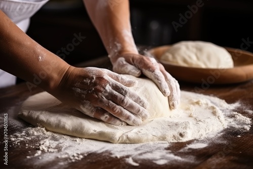 Bakery flour rolling hands prepare dough for pizza pasta food meal restaurant. photo