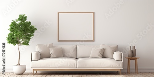 Contemporary living room with poster frame  beige sofa  wooden table  and decorations. Creative home staging. White wall. Copy space. Template.