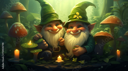 Couple of gnome elf friends, dressed in vibrant green, surrounded by the whimsical allure of clovers.