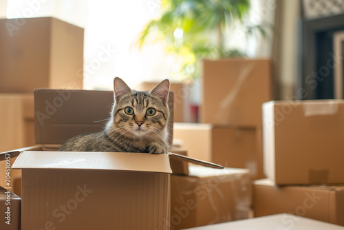 Domestic Cat Inside Cardboard Box with Home Background © JLabrador