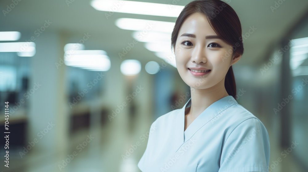 Fototapeta premium Close up full body shot of young korean nurse girl in nurse uniform, medium dark hair, smiling,