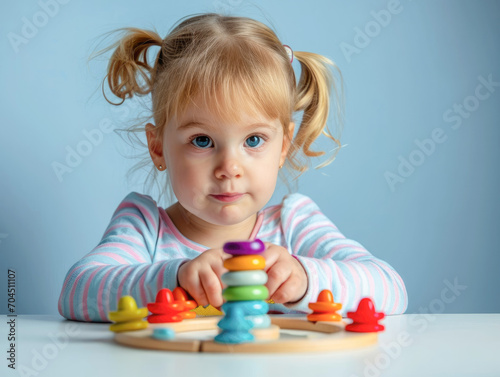 Blonde child with two ponytails, three year old girl playing with colored wooden toys on a blue background, copy space, looking at the camera. Educational toys for preschool and kindergarten children