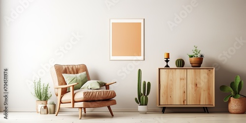 Retro Scandinavian living room with wooden commode, mock up poster frames, design stool, cacti, lamp, clock, book, and personal decor. Template. © Lasvu