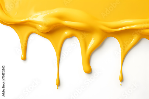 Melting cheese runs from top to bottom on white background. photo
