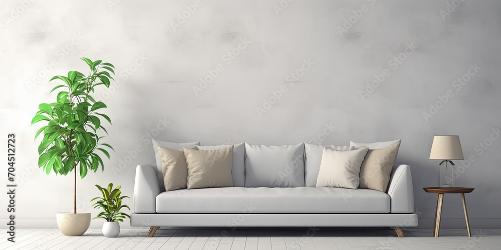 Light living room with grey sofa, lamp, and plant in the interior. Light living room with grey sofa, lamp, and plant in the interior.