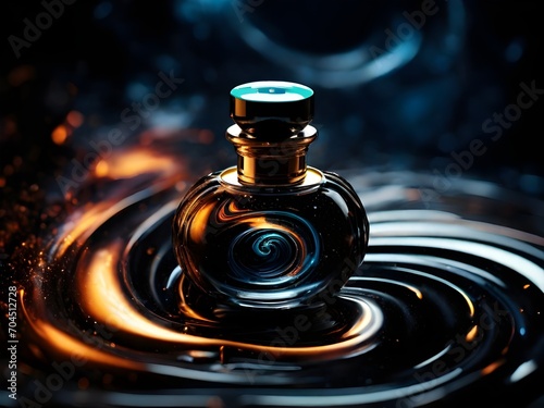 International Fragrance Day March 21. Closeup of Perfume bottle with cap in swirl background. isolated on black background. Product Photography concept. Perfume bottle luxury design for banner, poster
