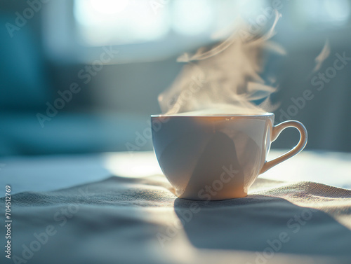 Embrace the serenity of a misty morning with a cup of steaming coffee or tea