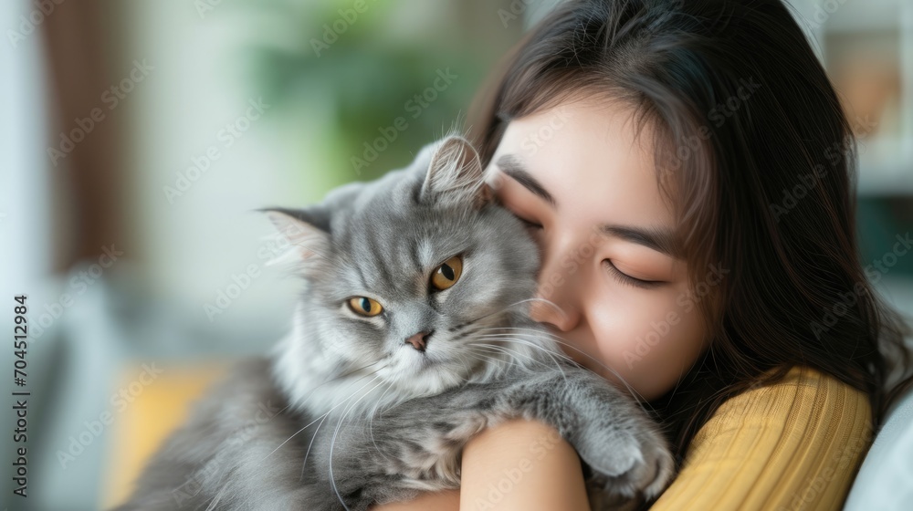 Happy young asian woman hugging cute grey cat in living room at home.
