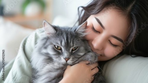 Happy young asian woman hugging cute grey cat in living room at home.