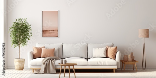 Cozy living room with Scandinavian style featuring mock up poster frame, corner sofa, coffee table, and personal accessories.