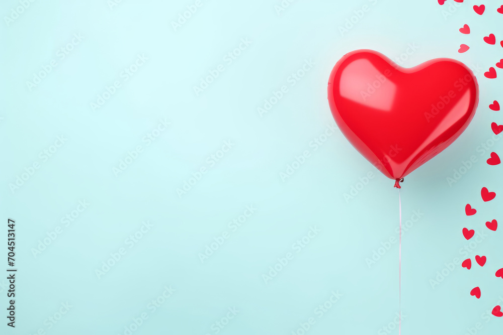Red heart-shaped balloon with some small hearts on blue background for Valentine's Day
