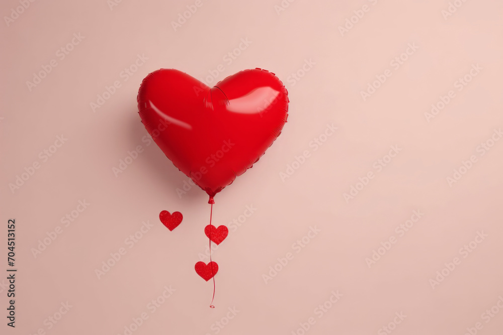 Red heart-shaped balloon with some smaller hearts on pink background for Valentine's Day