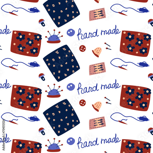 needlework Hand drawn seamless background. Vector illustration with sewing tools - hand made concept illustration. 