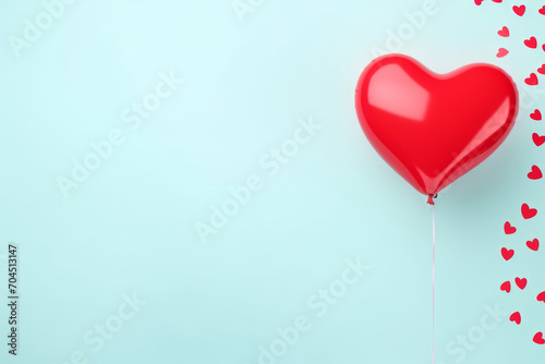Red heart-shaped balloon with some small hearts on blue background for Valentine's Day