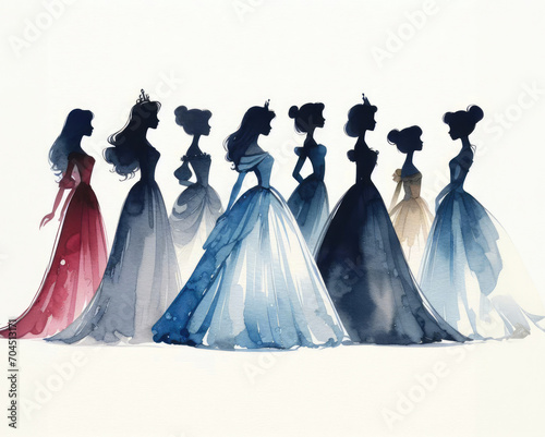 Silhouette of women in dresses, princesses, wedding party.