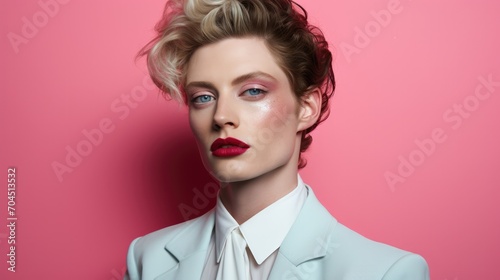 Portrait of lgbtq man with makeup on face on pink background