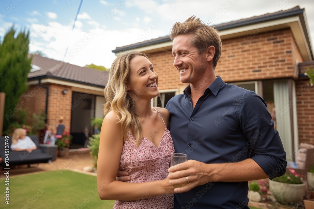 Excited couple in candid style, set in front of a new low set brick typical Australian home with a joyful atmosphere. Include champagne glasses, 