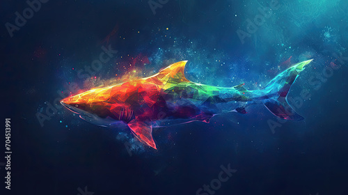 Rainbow-colored shark floating in blue water.