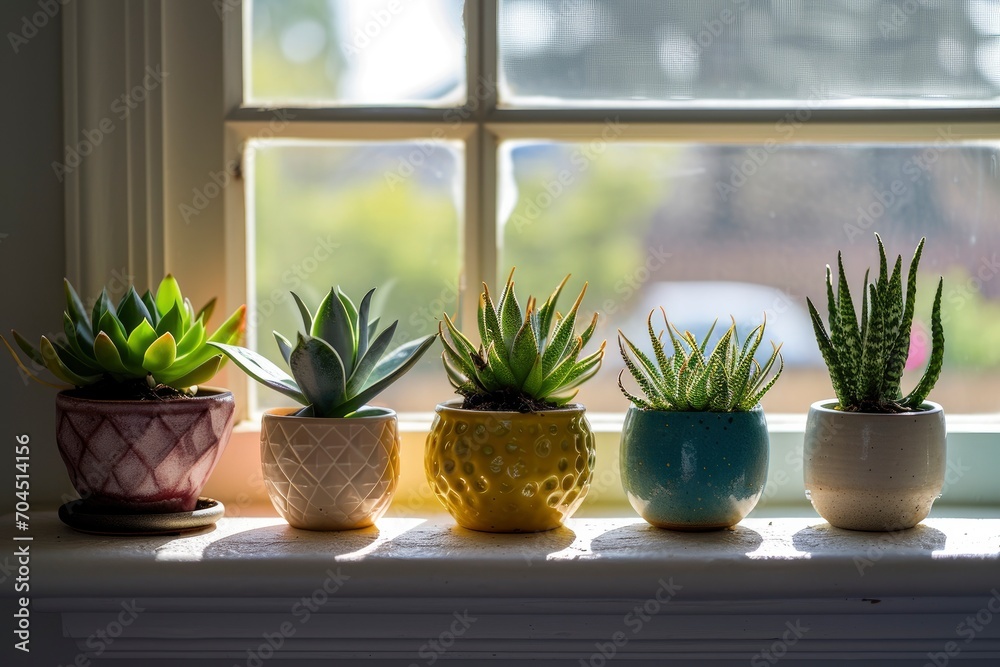 closeup potted house plant on the windowsill with blurred window background closeup potted house plant on the windowsill with blurred window background