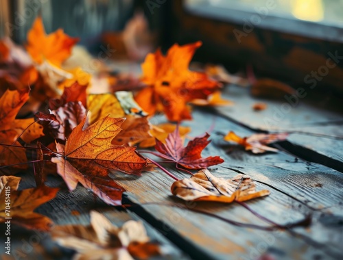 Autumn arrangement of fall leaves on a wooden table
