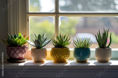 closeup potted house plant on the windowsill with blurred window background