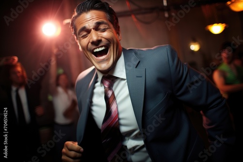 Happy below average looking Hispanic looking man in his 40s, dancing at a wedding, close up to his face, the background is a motion blur, 