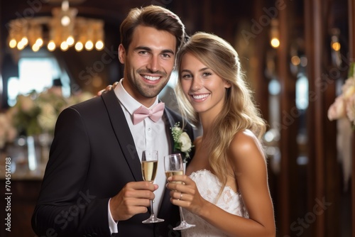 Happy wedding couple showcasing champagne glasses 