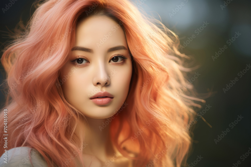 Beautiful young Asian woman portrait with wavy peach fuzz hairstyle. Trendy pink and orange hair tones. Beautiful young Asian woman portrait with wavy peach fuzz hairstyle. Trendy pink and orange hair tones.