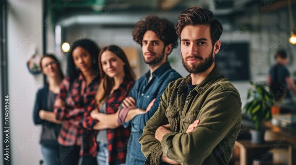 Startup team standing in office. Startup team standing in office.