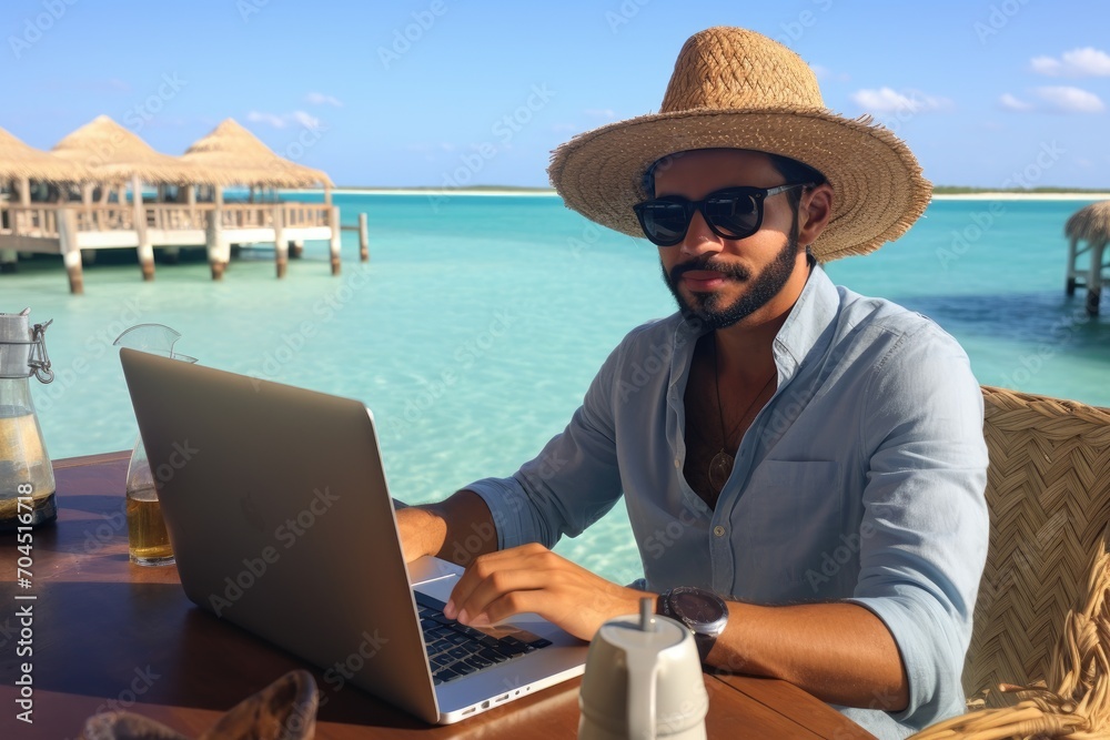Millionaire sipping cocktail on the bahamas and working on his laptop