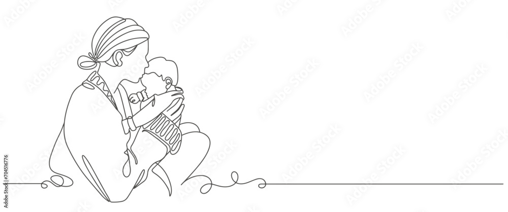 Mother and son line art style vector illustration, mothers day, womens day celebration background