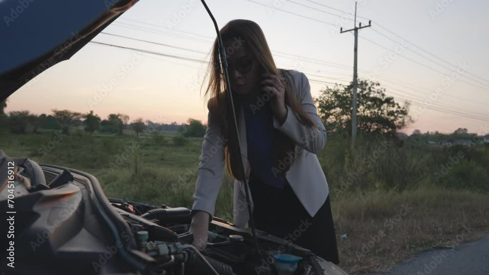 Asian Woman Car broken down on road.searching for repair service on smartphone worrying in stress. Car accident.