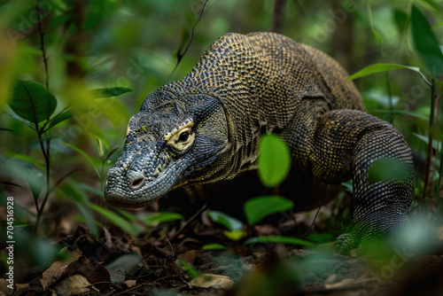 A stealthy Komodo Dragon navigating its way through the lush forest