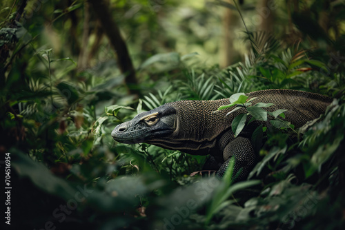 A stealthy Komodo Dragon navigating its way through the lush forest