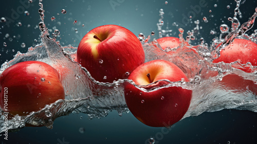 Smooth Fresh Ripe Organic Red Apple Fruit cut in half and falling into water and splashes created with Generative AI Technology