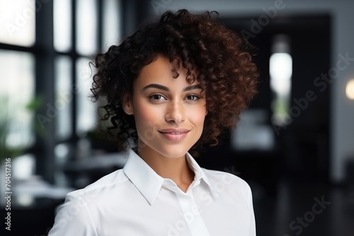 Mujer de raza negra con pelo corto rizado , ejecutiva de una empresa, con camisa blanca y brazos 
