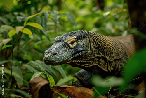 A stealthy Komodo Dragon navigating its way through the lush forest