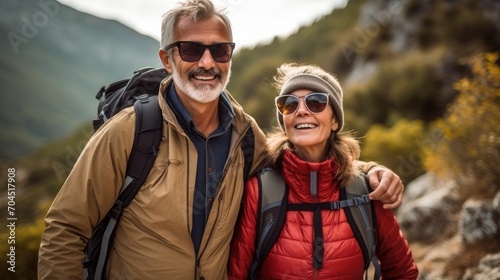 pareja mayor, con ropa de abrigo y gafas de sol, realizando senderismo por la naturaleza,